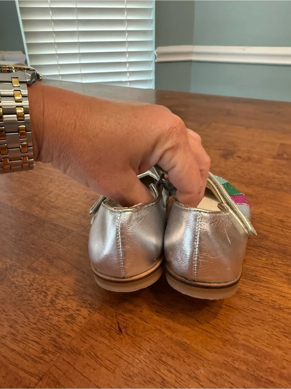 Mini Boden Silver Leather Rainbow Glitter Toe Mary Jane Shoes EU 30 US 12